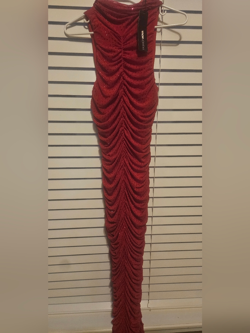 Fashion Nova Red Ruched Maxi Dress with Sparkle